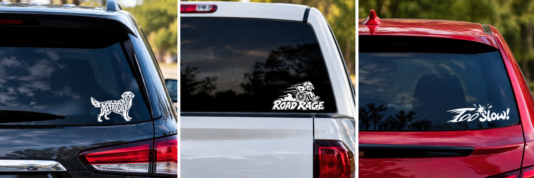 Three car rear windows showing Golden Retriever, Road Rage and Too Slow white vinyl decal mockups